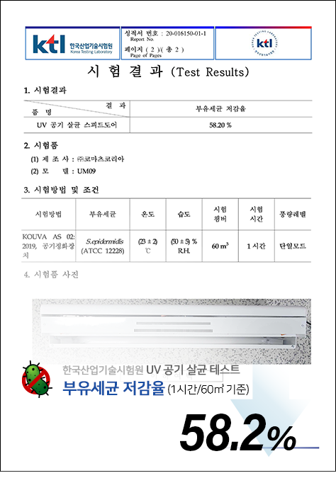 UV 부유세균 살균 테스트 시험결과